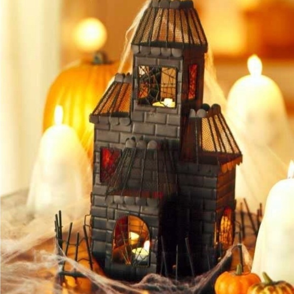 Pottery Barb Retired Spooky Halloween Haunted House Tea Light Luminary Black - Picture 2 of 14